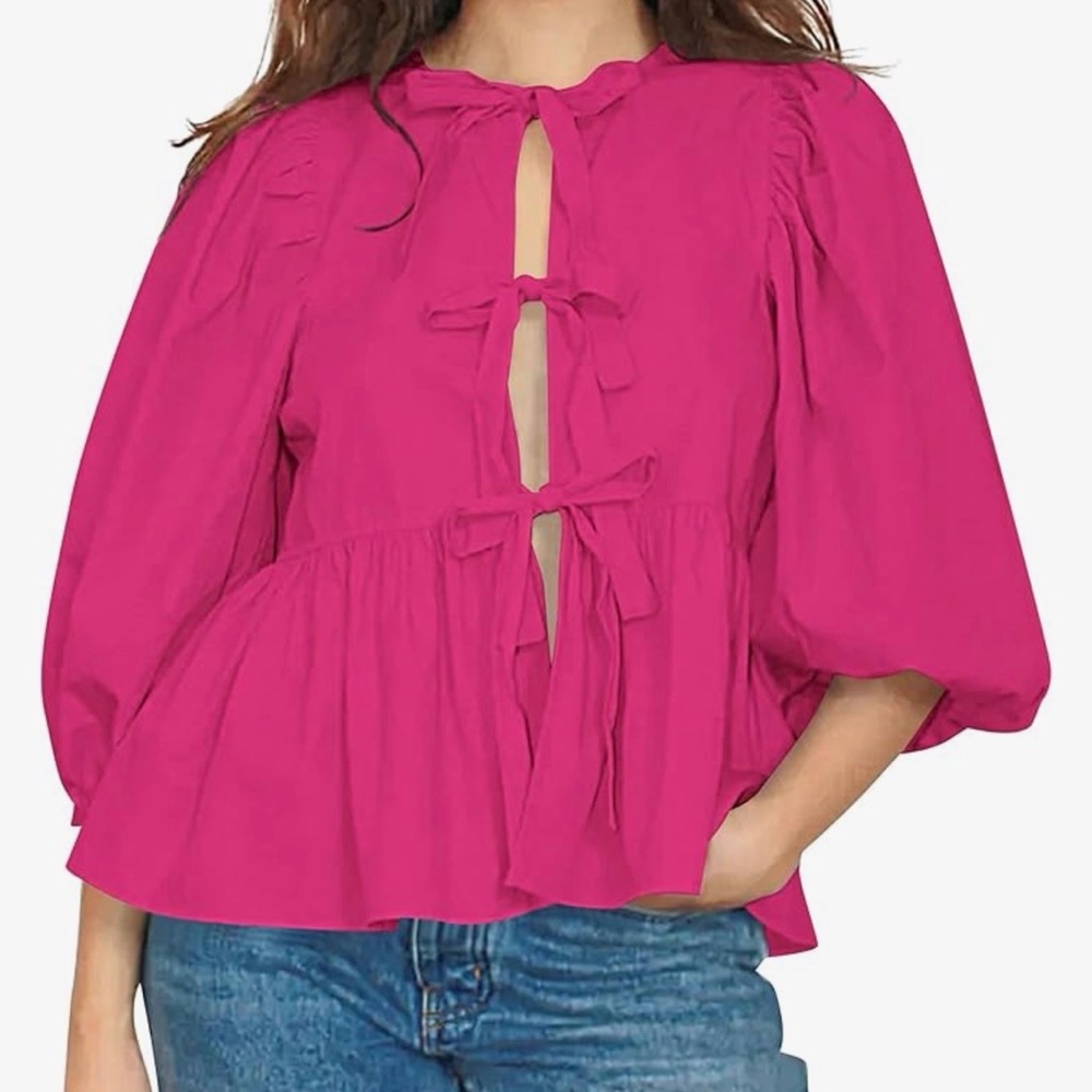 Bow Tie Front Shirt Top Cute Puff Sleeve